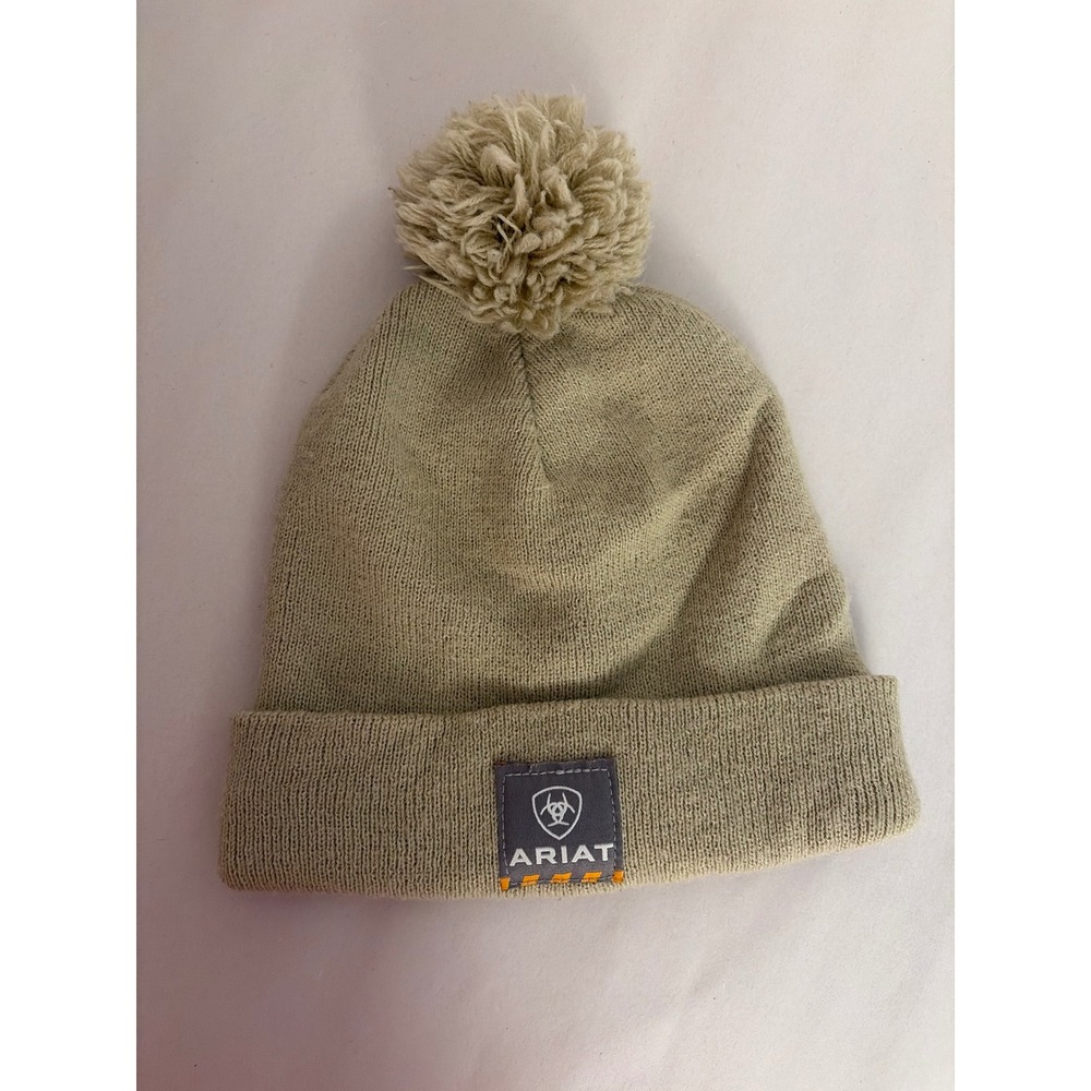 Ariat Beanie Hat OS Tan Excellent Knit Pom Pom Cuffed Logo Patch Fall